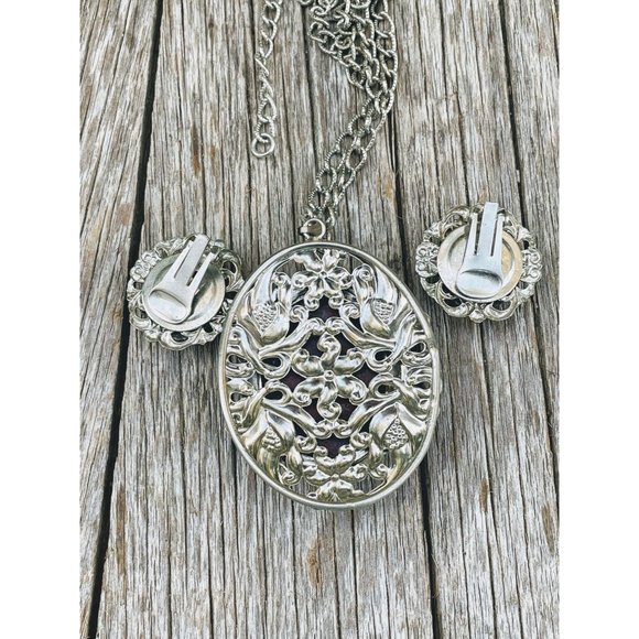 Vintage Large Red Jasper Pendant Necklace earring Set - Picture 6 of 9